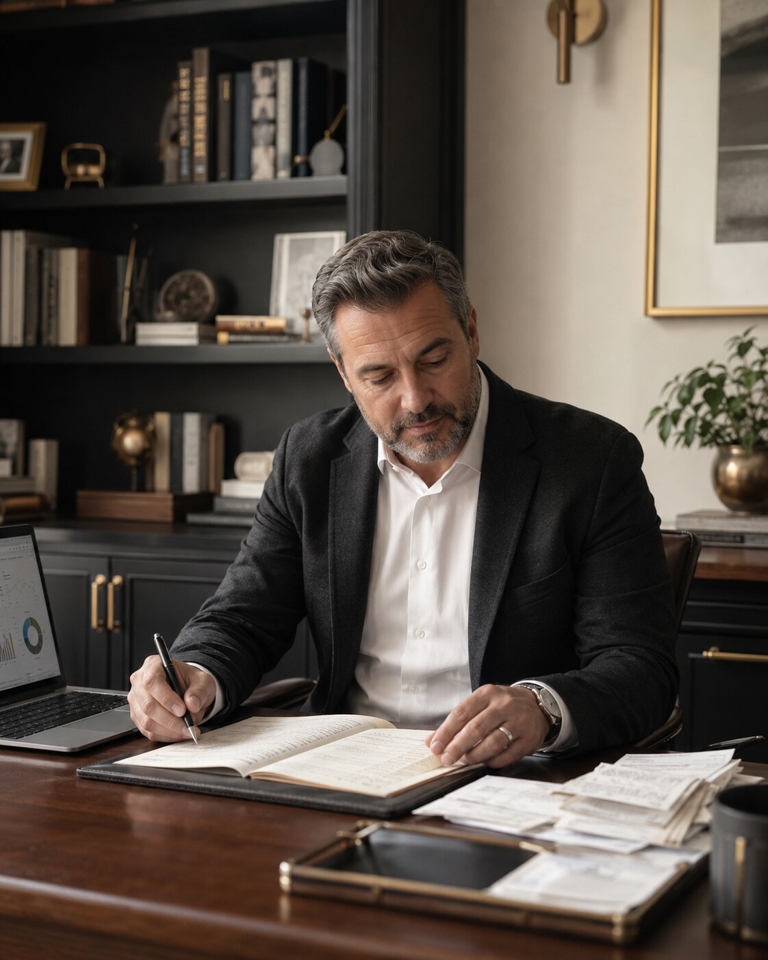 Experienced financial advisor reviewing a ledger